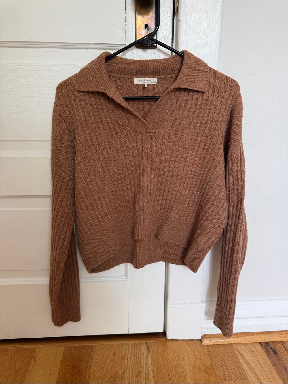 rag & bone Camel Ribbed V-Neck Polo Sweater